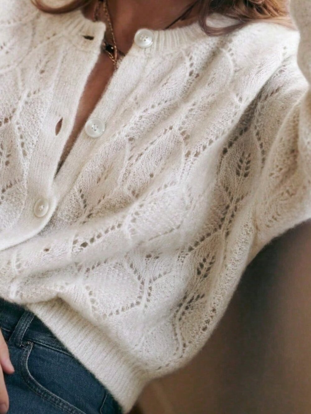 White Casual Women's Mohair Knit Cardigan